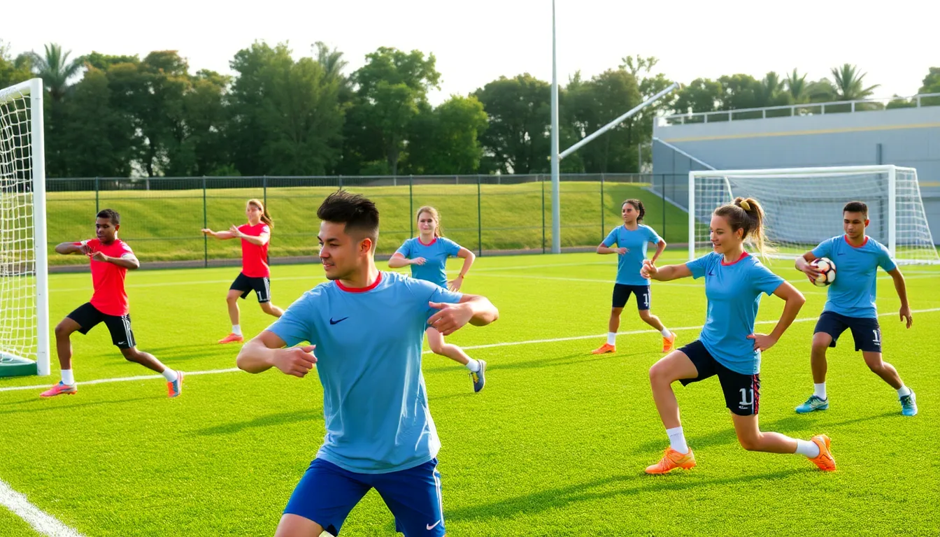 diverse athletes practicing FIFA 11+ injury prevention drills on a soccer field.