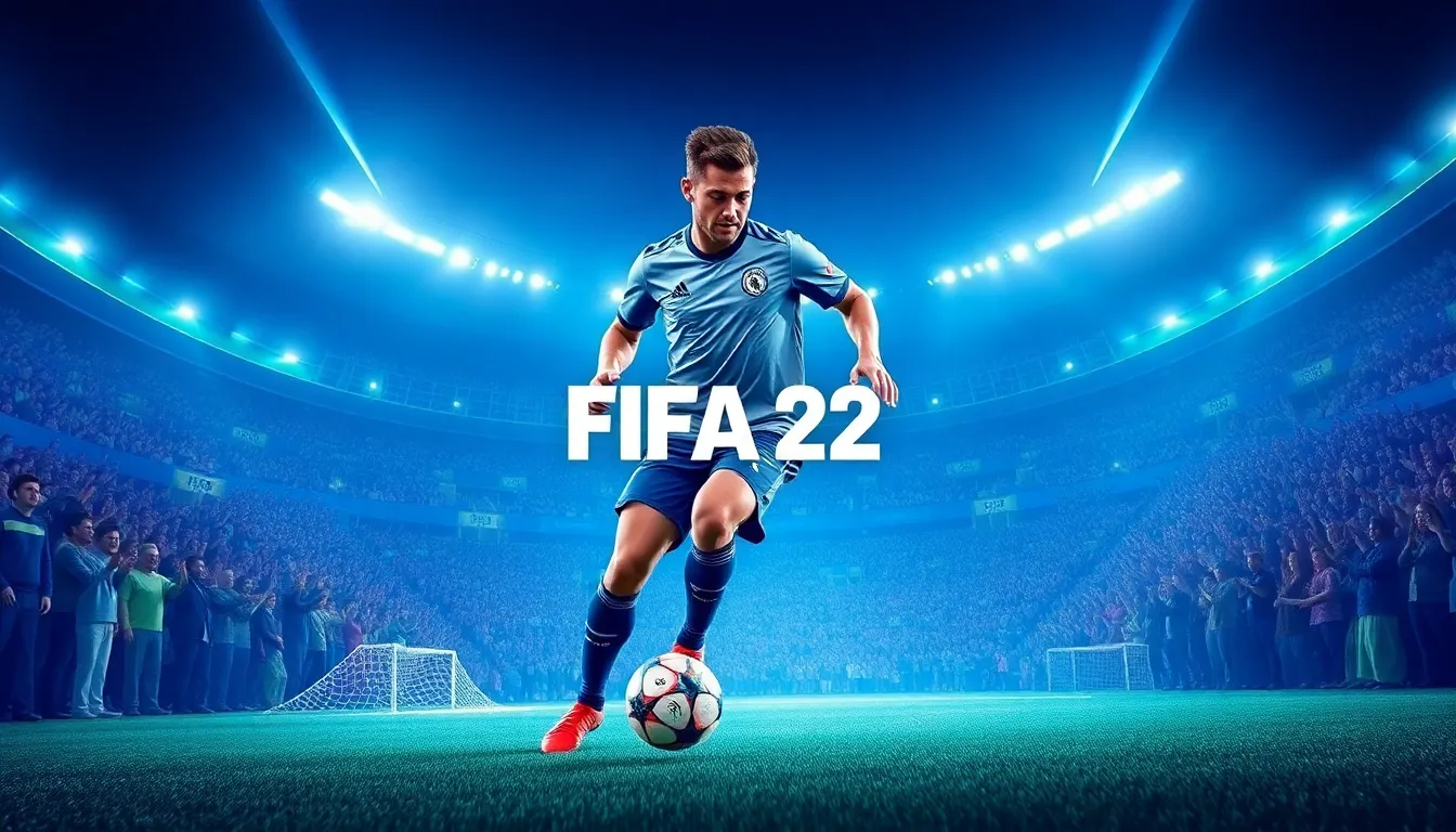 FIFA 22 cover featuring a footballer in action at a vibrant stadium.