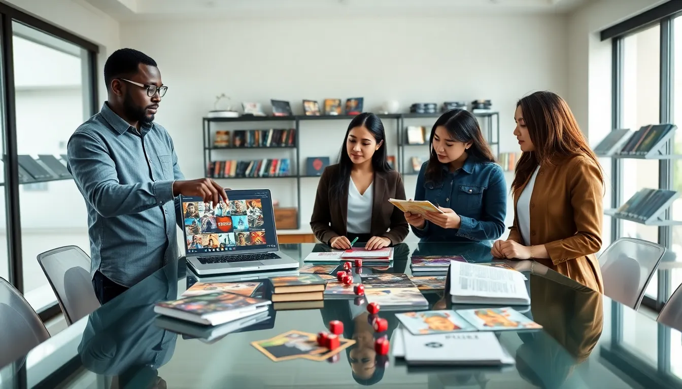 diverse professionals collaborating over RPG content in a modern office.