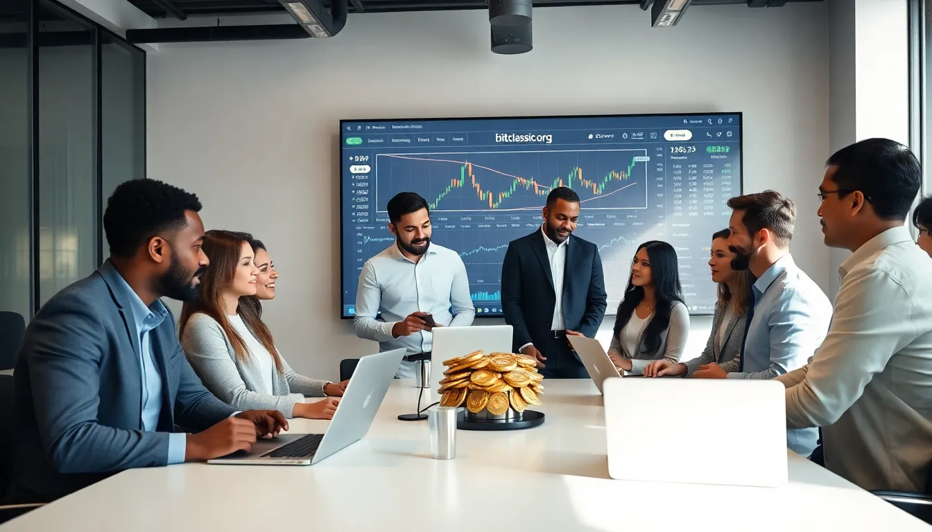 diverse team discussing cryptocurrency trading in a modern office.