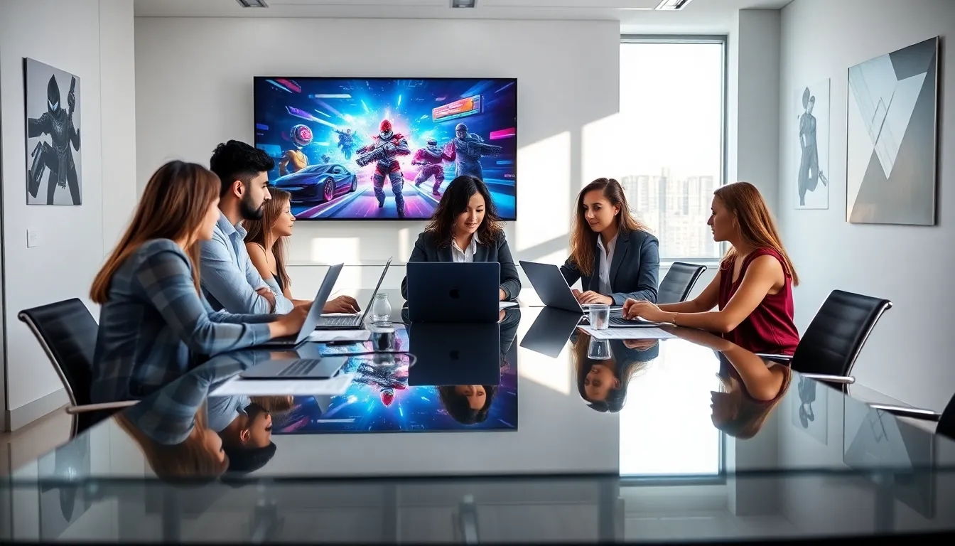 diverse professionals collaborating in a modern office around game design.