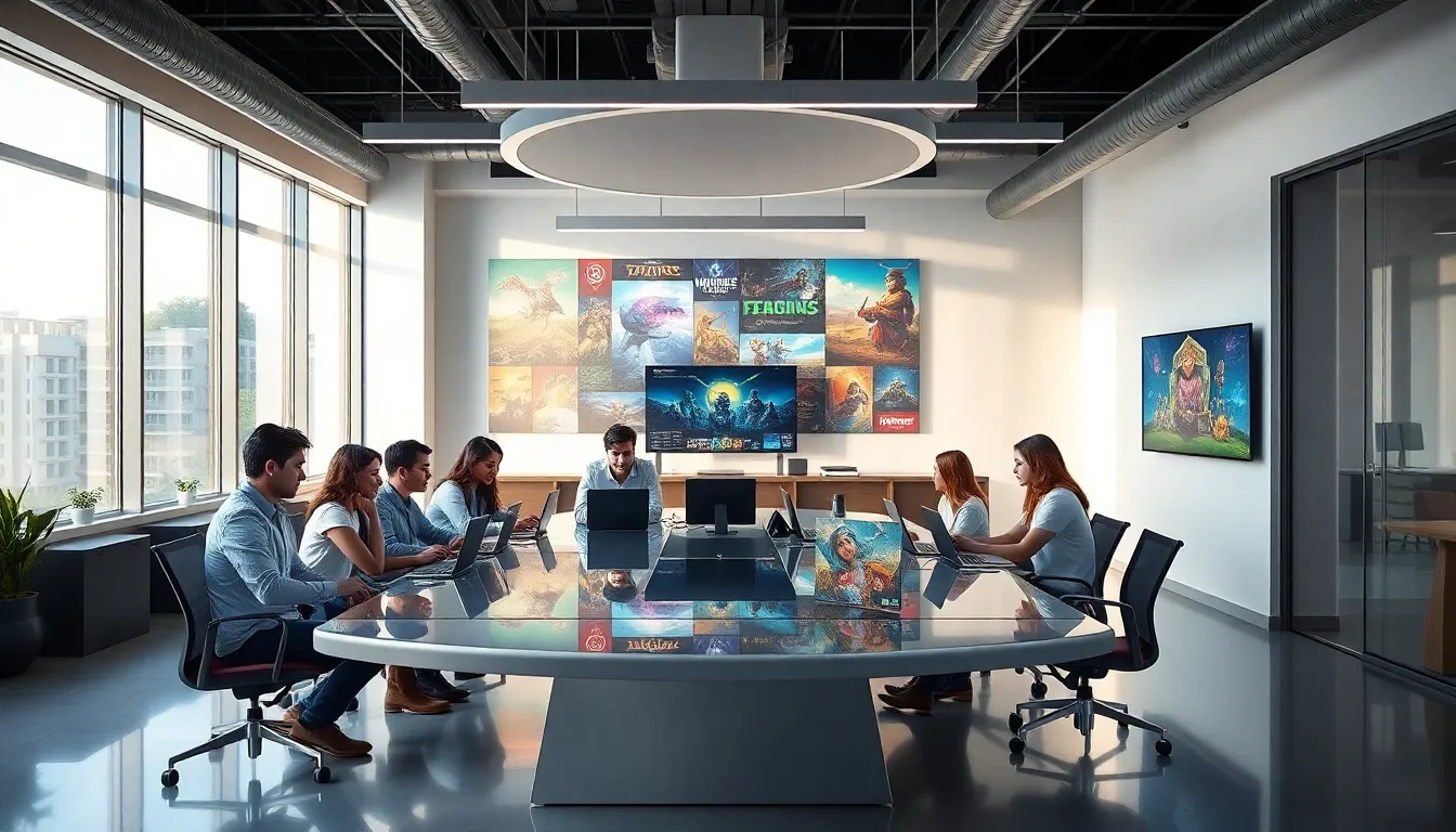 diverse team collaborating in a creative game development office.