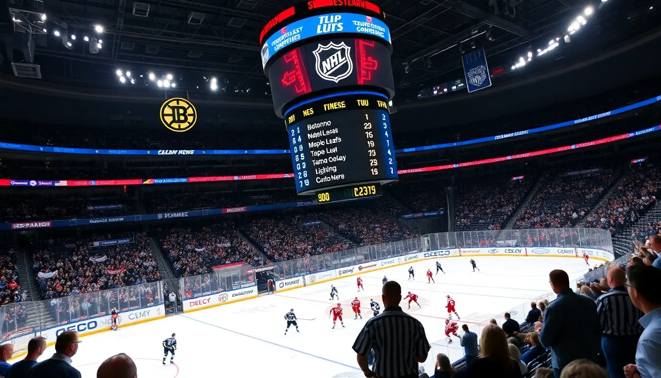 hockey scoreboard showing current NHL standings in a bustling arena.