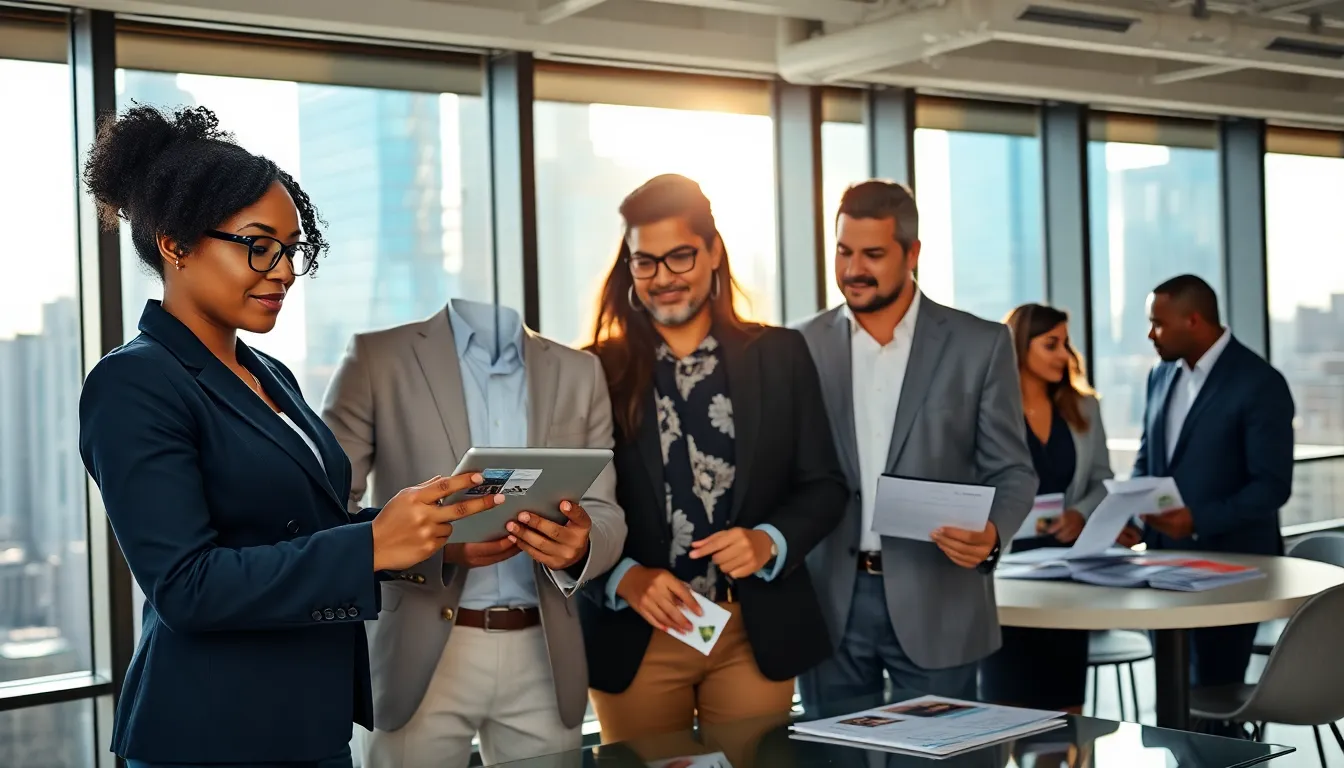 A diverse real estate team collaborating in a modern office setting.