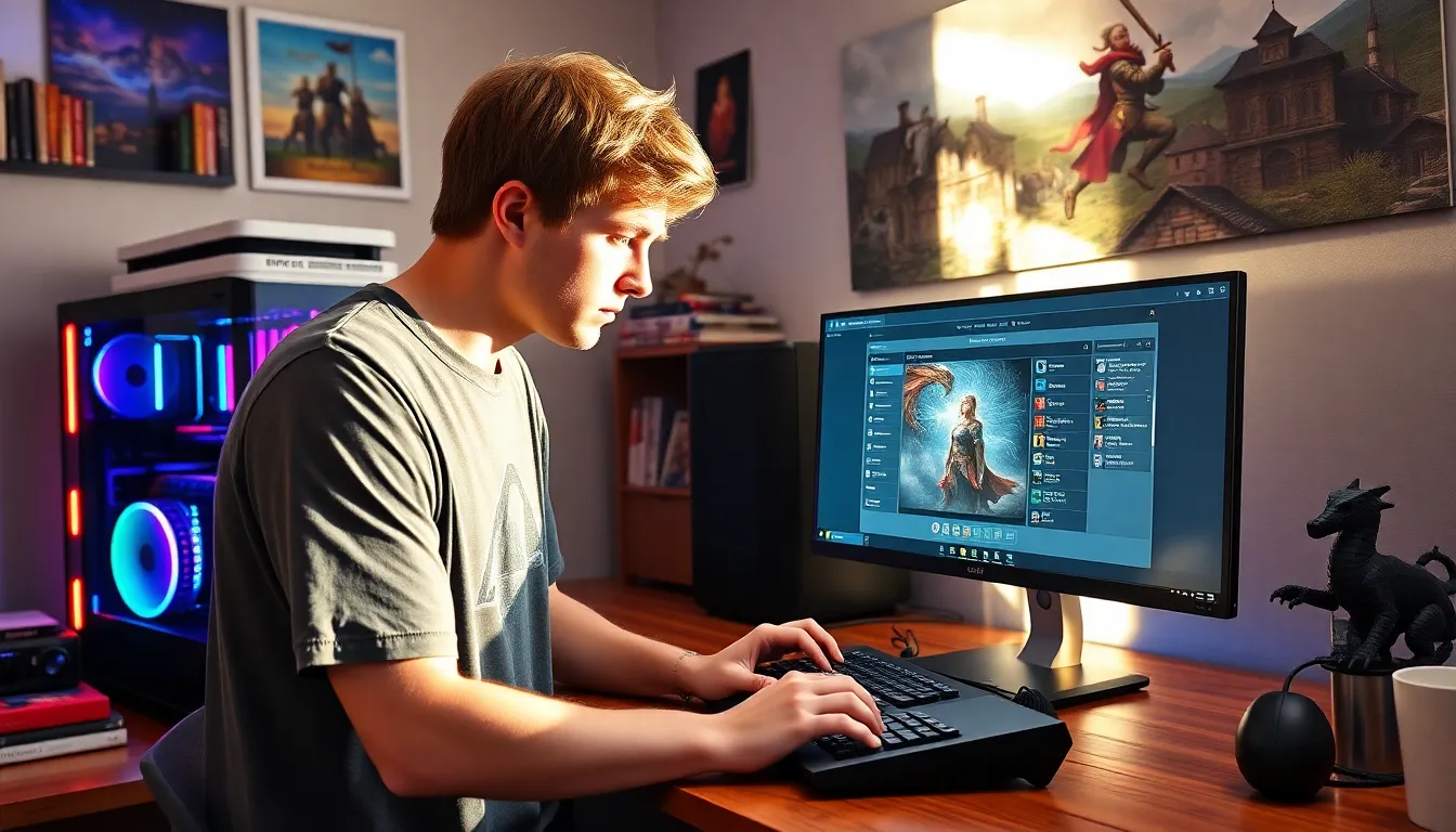 A gamer creating characters for Crusader Kings II in a stylish home office.
