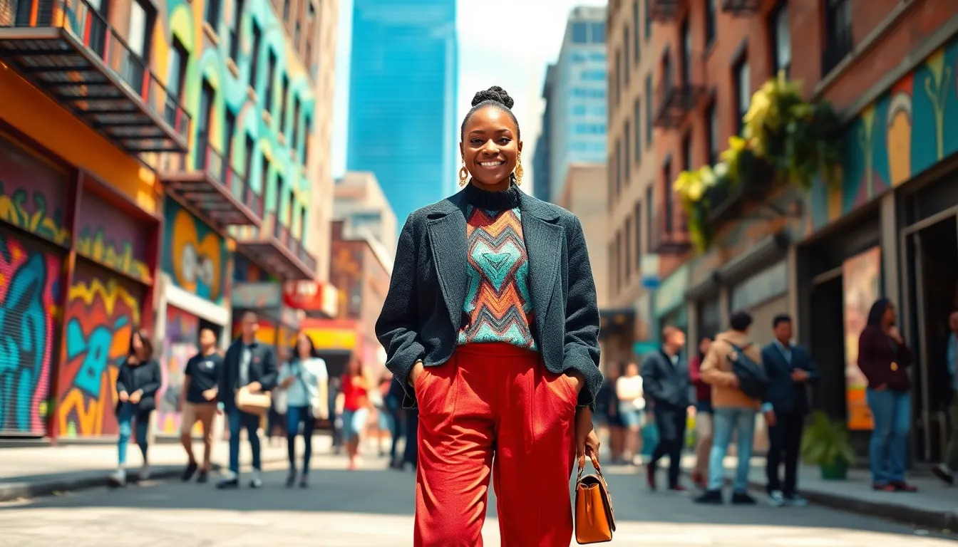 A young woman wearing vibrant layered Hibbegs fashion in an urban setting.